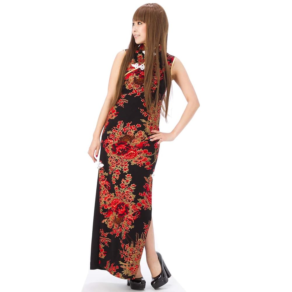 Amazon | 和花柄 チャイナドレス ロング 両サイドスリット